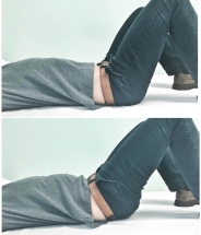 Top and bottom image. The top image is a person on their back with knees bent and feet flat. The second image has the same position but hips are slightly lifted off the ground. Glute activation can decrease quadriceps tendonitis symptoms.