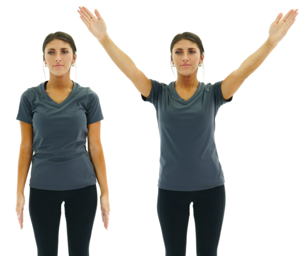 Side by side pictures of a woman performing a standing "y". In the first picture arms are at sides. In the second picture she has her arms overhead in a "y" position. This helps support shoulder positioning and good posture. 