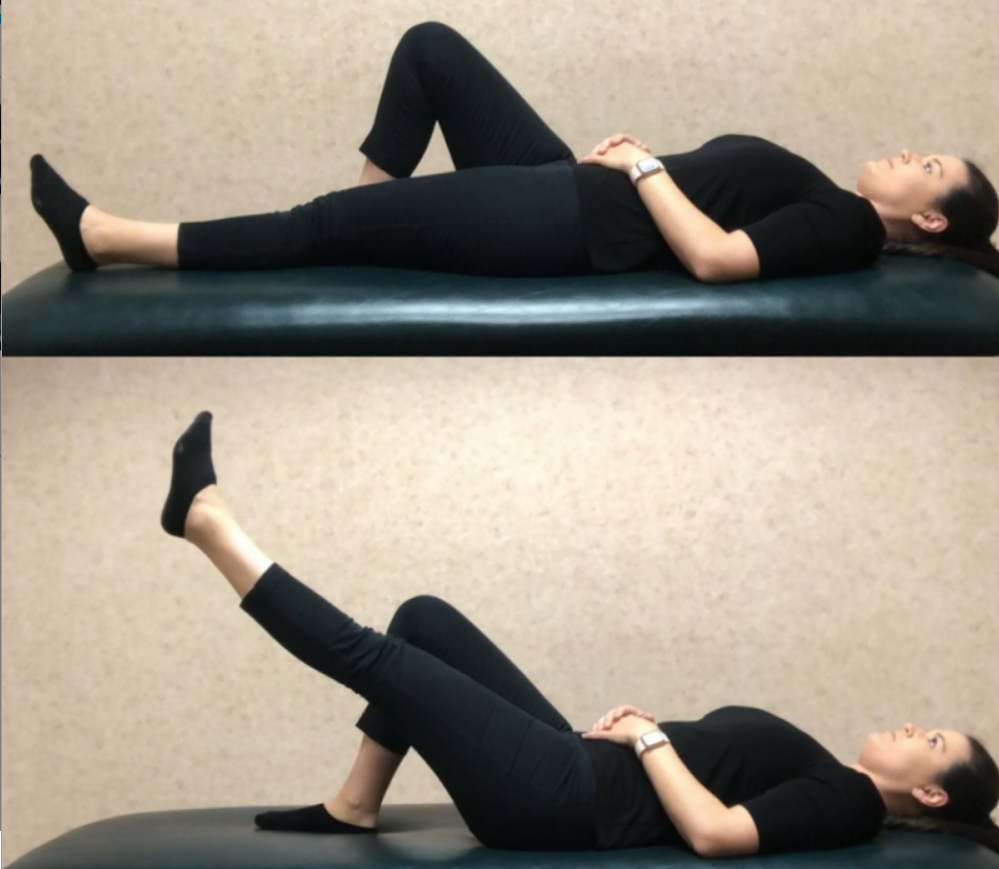 Two photos, before and after of an exercise. Top photo shows woman laying on her back with right knee bent and left knee straight. Bottom photo shows left knee is straight but is now raised in the air at a 45 degree angle to her body. This exercise is a straight leg raise and may be performed in preparation for knee surgery.